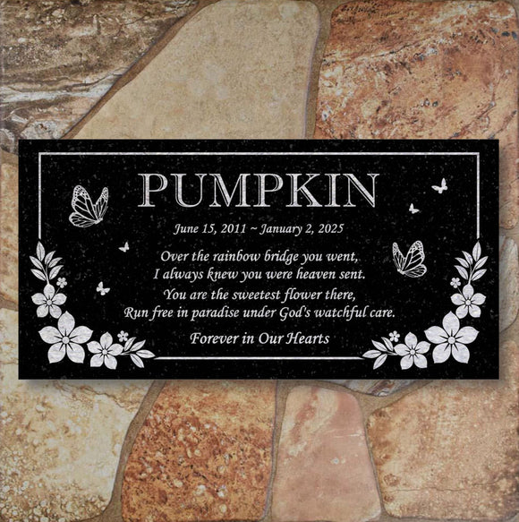 Personalized Cat Memorial - Granite Stone Pet Grave Marker - 6x12 - Pumpkin