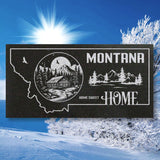 MONTANA STATE PLAQUE with a MOUNTAIN CABIN and MOUNTAIN SCENERY IMAGE - HOME SWEET HOME