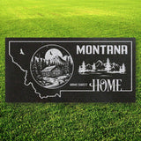 MONTANA STATE PLAQUE with a MOUNTAIN CABIN and MOUNTAIN SCENERY IMAGE - HOME SWEET HOME