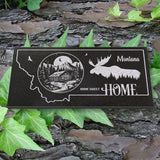 MONTANA STATE PLAQUE with a MOUNTAIN CABIN and SILHOUETTE of a MOOSE - HOME SWEET HOME