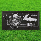 MONTANA STATE PLAQUE with a MOUNTAIN CABIN and SILHOUETTE of a MOOSE - HOME SWEET HOME