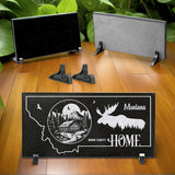 MONTANA STATE PLAQUE with a MOUNTAIN CABIN and SILHOUETTE of a MOOSE - HOME SWEET HOME