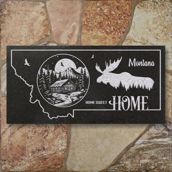 MONTANA STATE PLAQUE with a MOUNTAIN CABIN and SILHOUETTE of a MOOSE - HOME SWEET HOME