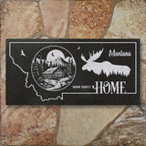 MONTANA STATE PLAQUE with a MOUNTAIN CABIN and SILHOUETTE of a MOOSE - HOME SWEET HOME