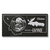 MONTANA STATE PLAQUE with a MOUNTAIN CABIN and SILHOUETTE of a MOOSE - HOME SWEET HOME