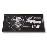 MONTANA STATE PLAQUE with a MOUNTAIN CABIN and SILHOUETTE of a MOOSE - HOME SWEET HOME