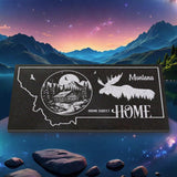 MONTANA STATE PLAQUE with a MOUNTAIN CABIN and SILHOUETTE of a MOOSE - HOME SWEET HOME