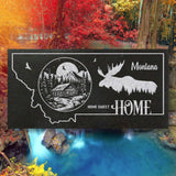 MONTANA STATE PLAQUE with a MOUNTAIN CABIN and SILHOUETTE of a MOOSE - HOME SWEET HOME