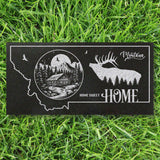 MONTANA STATE PLAQUE with a MOUNTAIN CABIN and SILHOUETTE of an ELK - HOME SWEET HOME