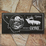 MONTANA STATE PLAQUE with a MOUNTAIN CABIN and SILHOUETTE of an ELK - HOME SWEET HOME