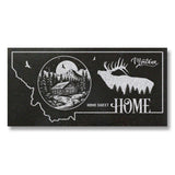 MONTANA STATE PLAQUE with a MOUNTAIN CABIN and SILHOUETTE of an ELK - HOME SWEET HOME