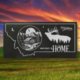 MONTANA STATE PLAQUE with a MOUNTAIN CABIN and SILHOUETTE of an ELK - HOME SWEET HOME