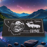 MONTANA STATE PLAQUE with a MOUNTAIN CABIN and SILHOUETTE of an ELK - HOME SWEET HOME