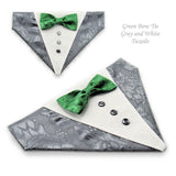 Dog Bandana with Bow Tie - "Gray Tuxedo with Green Bow Tie"