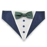 Dog Bandana with Bow Tie - "Navy Blue Tuxedo with Green Bow Tie"