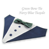 Dog Bandana with Bow Tie - "Navy Blue Tuxedo with Green Bow Tie"