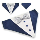 Dog Bandana with Bow Tie - "Navy Blue Tuxedo with Gray and White Bow Tie"