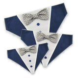 Dog Bandana with Bow Tie - "Navy Blue Tuxedo with Gray and White Bow Tie"