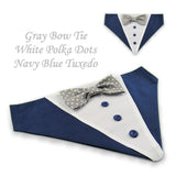 Dog Bandana with Bow Tie - "Navy Blue Tuxedo with Gray and White Bow Tie"