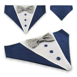 Dog Bandana with Bow Tie - "Navy Blue Tuxedo with Gray and White Bow Tie"