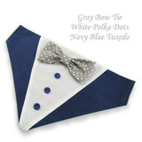 Dog Bandana with Bow Tie - "Navy Blue Tuxedo with Gray and White Bow Tie"