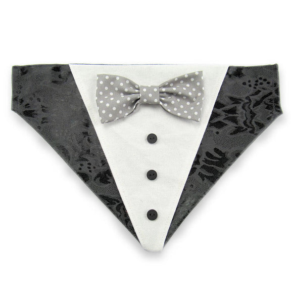 Black Tuxedo with Gray and White Bow Tie - Dog Bandana with Bow Tie