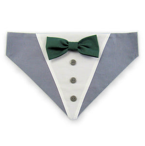 Dog Bandana with Bow Tie - "Gray Tuxedo with Green Bow Tie"