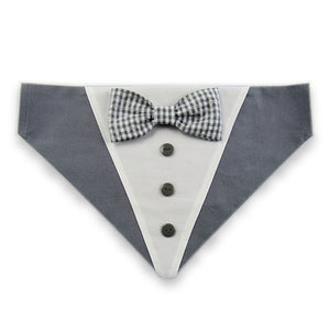 Dog Bandana with Bow Tie - "Gray Tuxedo with Gray and White Bow Tie"