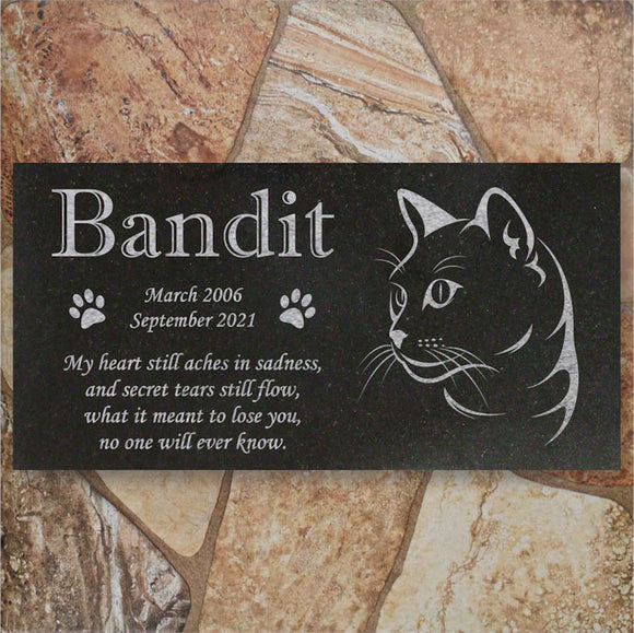 Personalized Cat Memorial - Granite Stone Pet Grave Marker - 6x12 - Bandit