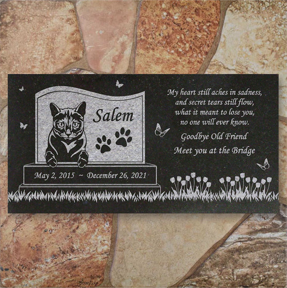 Personalized Cat Memorial - Granite Stone Pet Grave Marker - 6x12 - Salem